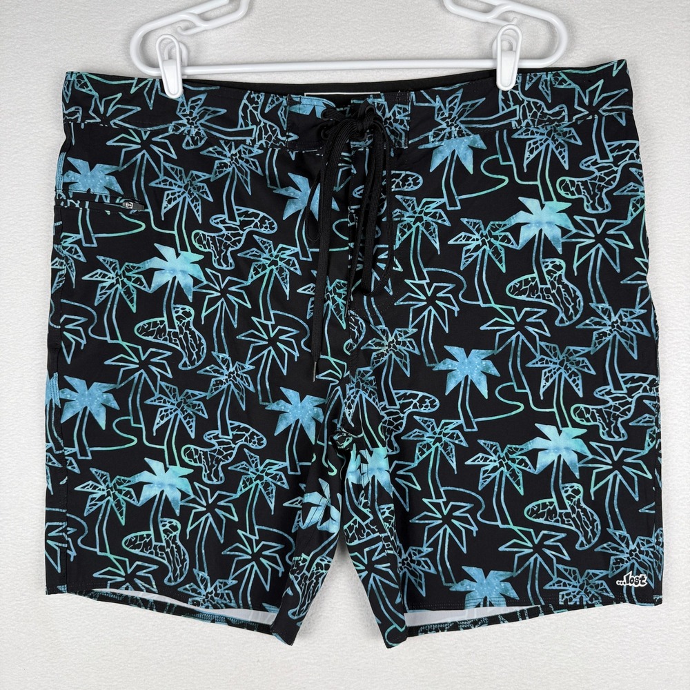 Lost Enterprises Mens 38 Board Shorts Black Teal Palm Tree All Over Print Surf